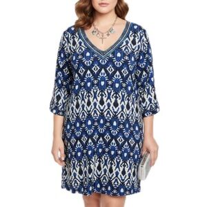 Ace Fashion Beaded Neckline Batik Mini Dress Beach Coastal Boho Coastal Navy L
